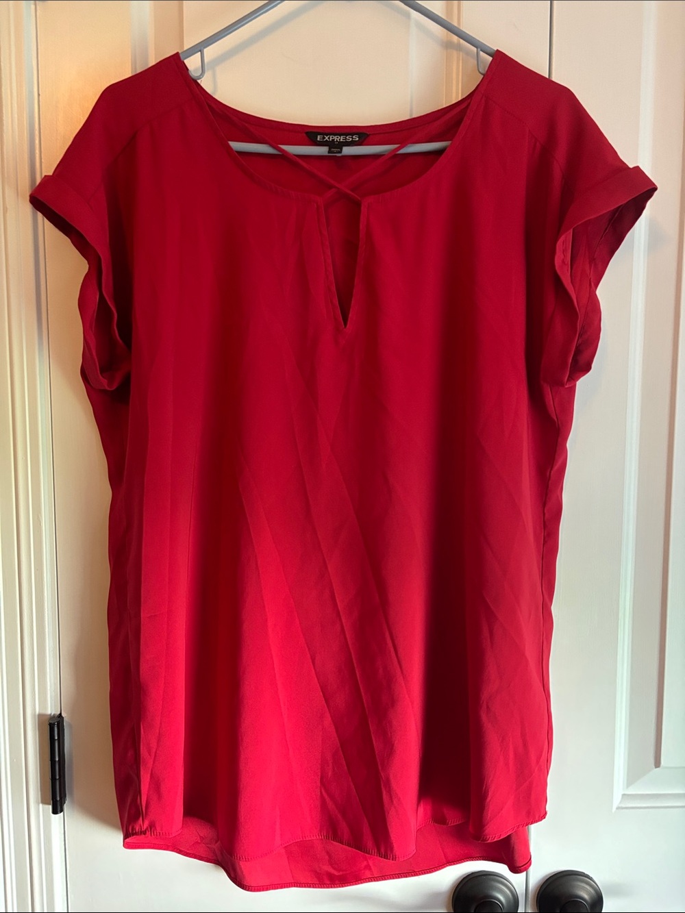 Express Bright Red Keyhole Cap Sleeve Blouse
